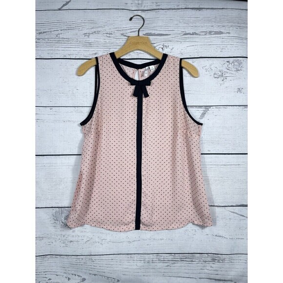 Elle Size Medium Black & Pink Polka Dot Top Neck Bow Preppy Sleeveless Blouse - Picture 1 of 8